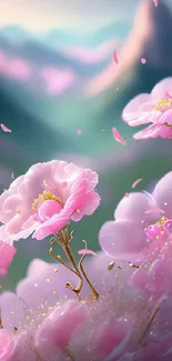 Dreamy pink flowers with mountains in background, creating a serene mobile wallpaper.