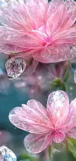 Dreamy pink flowers with dewdrops, creating a fresh and tranquil mobile wallpaper.