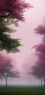 Dreamy misty forest with pink trees and lush green grass.