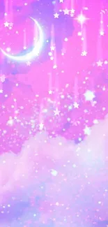 Dreamy pink galaxy wallpaper with crescent moon and stars.