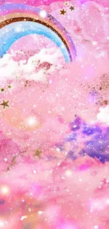 Dreamy pink galaxy wallpaper with clouds, stars, and colorful rainbow.