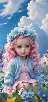 Pink-haired doll with floral wreath in dreamy sky and flowers wallpaper.