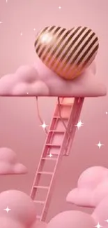 Pink fluffy clouds with a golden-striped heart and ladder.