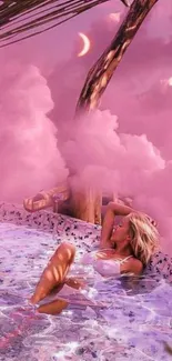 Woman in pink hot tub with dreamy clouds.