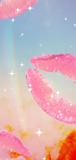 Dreamy pink lips on a pastel sky background with soft colors.