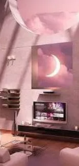 Dreamy pink living room with crescent moon.