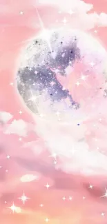 Dreamy pink moon with stars and clouds wallpaper.