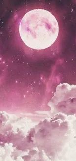 Wallpaper of a pink moon above clouds in a night sky.