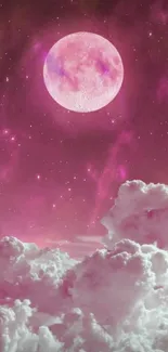 Dreamy pink moon above clouds wallpaper.