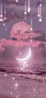 Dreamy pink moonlit beach with stars and clouds.