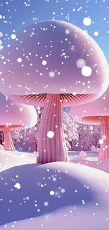 Whimsical pink mushroom forest under clear sky.