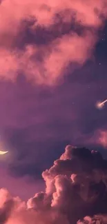 Dreamy pink clouds with a crescent moon and shooting star at night.