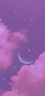 Dreamy night sky with pink clouds and crescent moon.