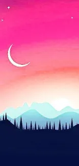 Mobile wallpaper with pink sky, crescent moon, and mountains.