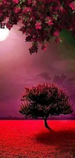 Pink nightscape with a tree at moonlit sky.