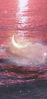 Pink ocean with crescent moon and stars reflecting on water.