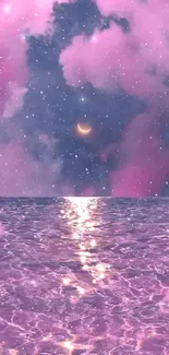 Dreamy pink ocean with crescent moon and stars reflecting on water.