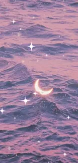 Lavender pink ocean with crescent moon and stars.