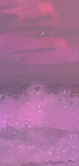 Dreamy pink ocean with sparkling waves and a crescent moon in the sky.