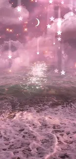 Dreamy pink ocean with stars and clouds.