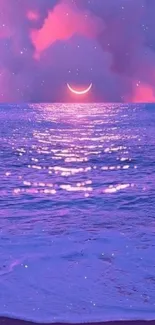 Dreamy pink ocean with a crescent moon and sunset, creating a tranquil scene.