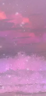 Pink ocean waves beneath a pastel sky.