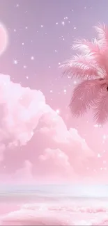 Dreamy pink wallpaper with palm tree and celestial sky.