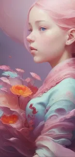 Beautiful artistic portrait wallpaper with soft pink and floral elements.