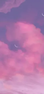 Dreamy pink and purple clouds with crescent moon wallpaper.