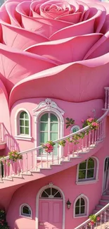 A whimsical pink house shaped like a rose with intricate stairs and windows.