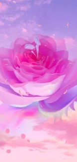 Dreamy pink rose with purple sky in the background, evoking tranquility.