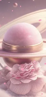 Pink Saturn and roses in dreamy fantasy setting.