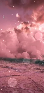 Dreamy beach with pink clouds and ocean waves under a serene sky.