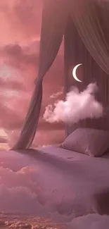 Dreamy pink sky with a floating bed and crescent moon.