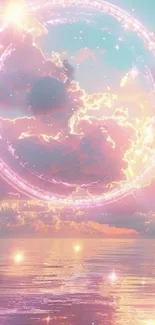 Dreamy pink sky with glowing clouds reflecting magic.