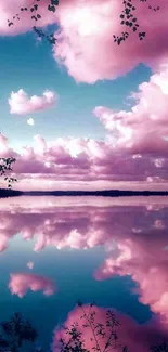 Pink sky and clouds reflecting on a serene lake with surrounding trees.