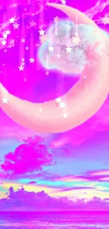 Dreamy pink sky with crescent moon and stars wallpaper.