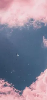 Pink clouds framing a deep blue sky with stars and a crescent moon.