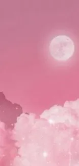 Dreamy pink sky with fluffy clouds and a glowing moon.