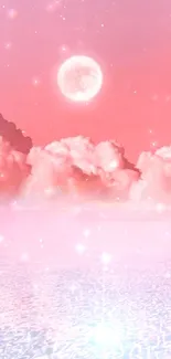 Dreamy pink clouds with moon and sparkling sea.