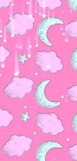 Pink wallpaper with clouds and stars.