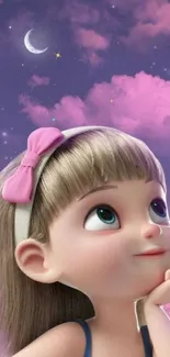 Cartoon girl with dreamy purple-pink sky and clouds.