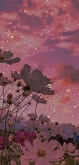 Dreamy pink sky with flowers and stars.