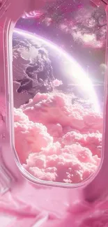 Pink space scene through a futuristic window with clouds and planet view.