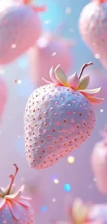 Floating pink strawberries on a pastel background.