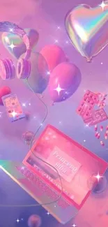 Dreamy pink aesthetic wallpaper with floating tech gadgets and balloons.