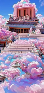 Dreamy pink temple with clouds and sky, fantasy wallpaper.