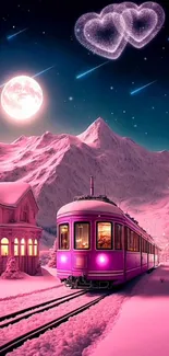 Pink train under moonlit sky with heart clouds and shooting stars.