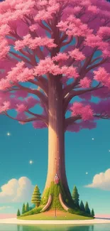 Magical pink tree atop a serene island, surrounded by a tranquil sky.