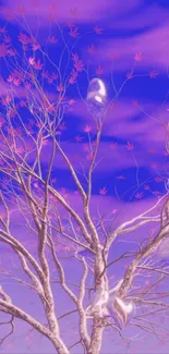 Surreal wallpaper with pink tree and purple sky.